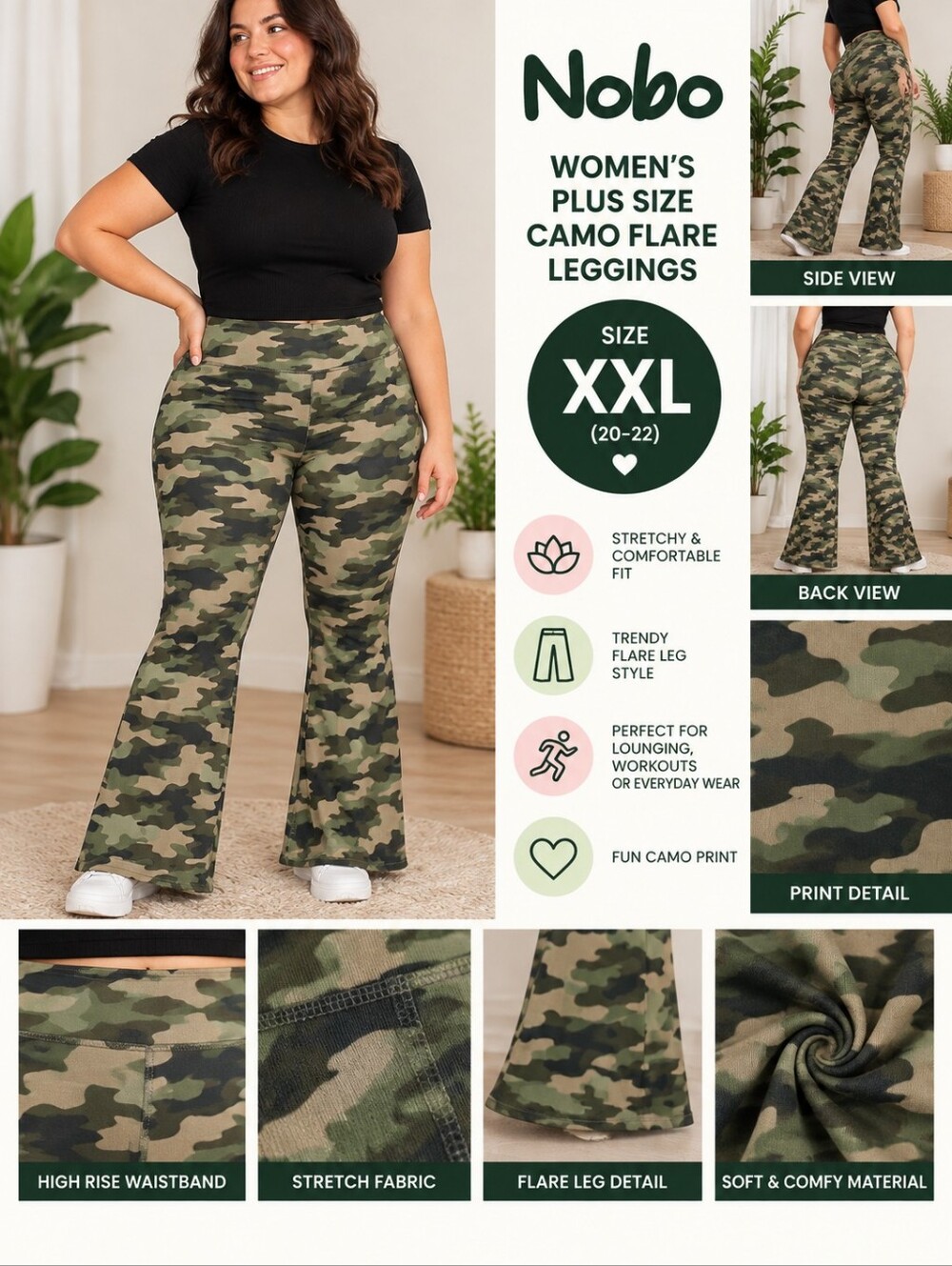 Nobo Women's XXL green camo flare athletic leggings #36
